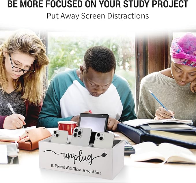 Bamboo Wood Phone Box – Unplug from Phones, Tablets, and Electronics for Study, Meetings, and Family Time, Phone Holder Organizer with Charging Holes, Farmhouse Style, Holds Up to 18 Phones-White