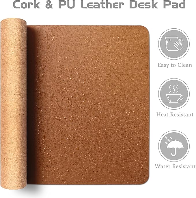 Aothia Double-Sided Desk Pad, Leather Desk Mat, Eco Cork Desk Pad Protector, Large Mouse Pad, Waterproof Desk Blotter Protector for Office/Home (25.6"x13.7", Brown)