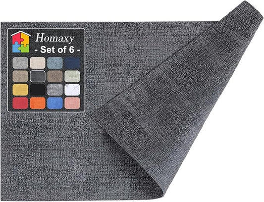 Homaxy Faux Leather Heat Resistant Placemats for Dining Table Set of 6, Waterproof Wipeable Washable PU Table Mats, Easy to Clean Anti-Slip Place Mats, 11.8" x 17", Dark Grey