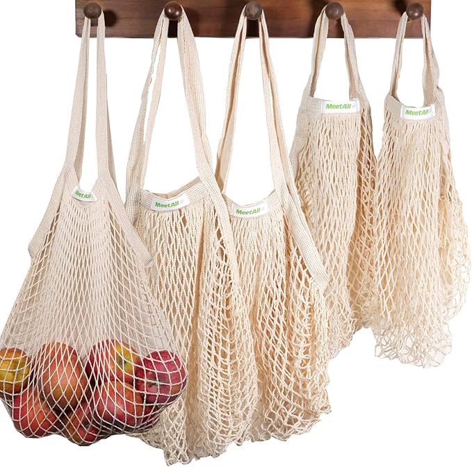 meetall Mesh Grocery Bags, Reusable Tote Bags with Sturdy Handle, Washable, Eco Friendly, Cotton String Net, for Shopping and Storage Fruit Vegetable (5 Pack, 2 Size,Off White)