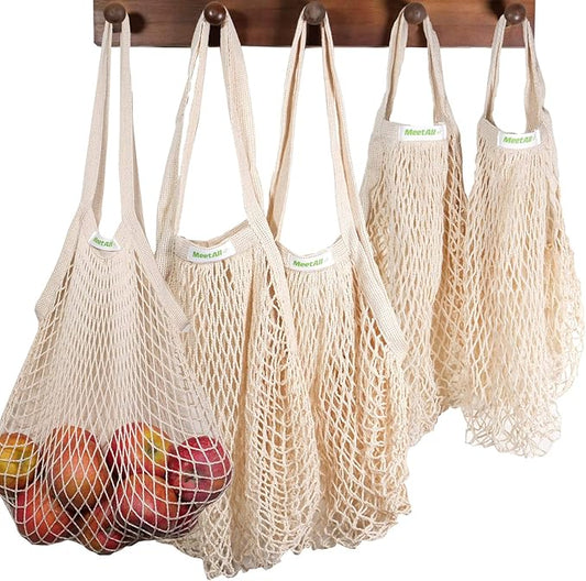 meetall Mesh Grocery Bags, Reusable Tote Bags with Sturdy Handle, Washable, Eco Friendly, Cotton String Net, for Shopping and Storage Fruit Vegetable (5 Pack, 2 Size,Off White)