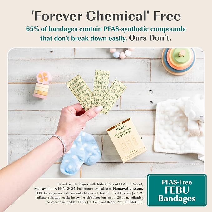 FEBU Eco-Friendly Bamboo Fabric Bandages | PFAS Free Flexible Fabric Bandages | Natural Hypoallergenic Bandage for Scrapes, Cuts & First Aid | Fully Compostable, Latex Free Bandage | 75 Count Strip