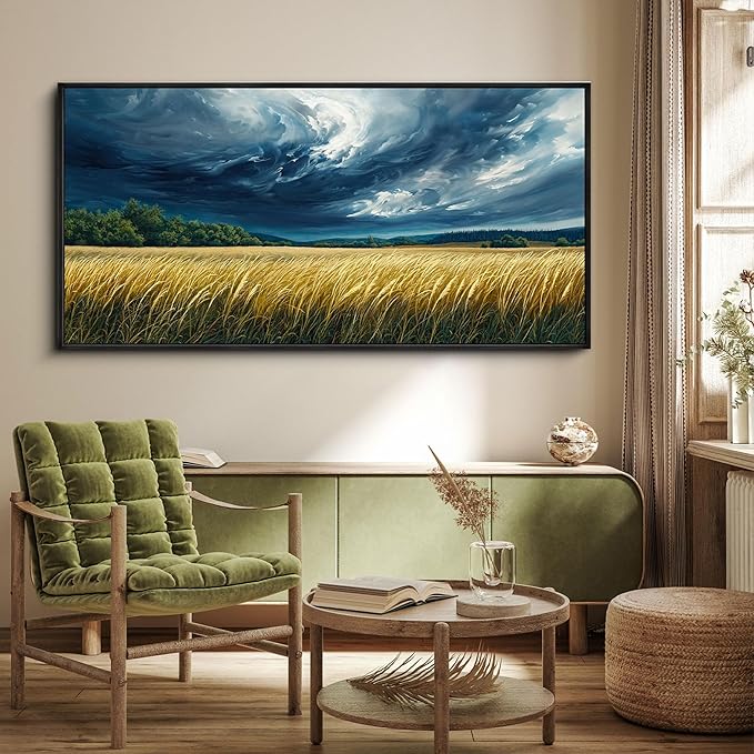 yiijeah Blue Abstract Canvas Wall Art - Rustic Wall Decor Living Room Bedroom Office Extra Large Paintings Picture Framed Artwork for Walls Forest Landscape Sky Black Cloud Home Decoration