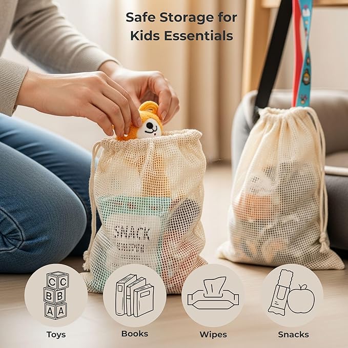 LITO LINEN AND TOWEL Organic Cotton Mesh Produce Bags – Small Reusable Grocery Bags (4 Pack) | Washable, Lightweight & Breathable Storage for Fruits, Vegetables, Bulk Foods & Zero Waste Living 7"x10"