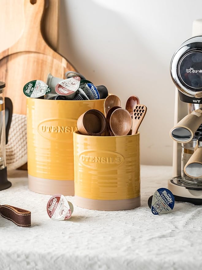 YHOSSEUN Kitchen Utensil Holder Set of 2, Ceramic Utensil Holder for Kitchen Counter, 6.7"+5.1" Cooking Utensil Crocks for Spatula, Oval Opening, Yellow