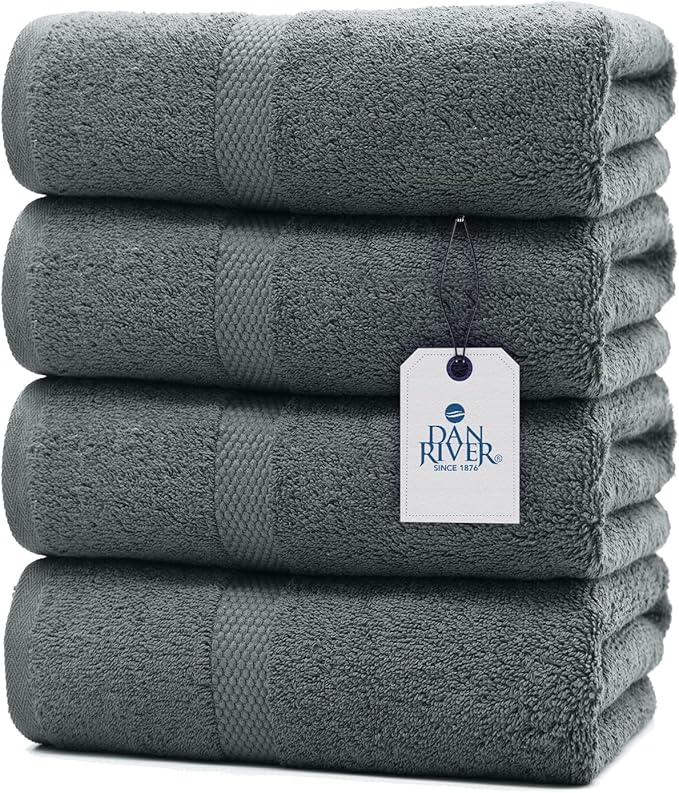DAN RIVER Bath Towels Set of 4, 27 x 54 Inches, 100% Cotton, Larger & Lighter Weight, Quicker to Dry, Super Soft and Absorbent, Ideal Gray Bath Towels for Daily Use