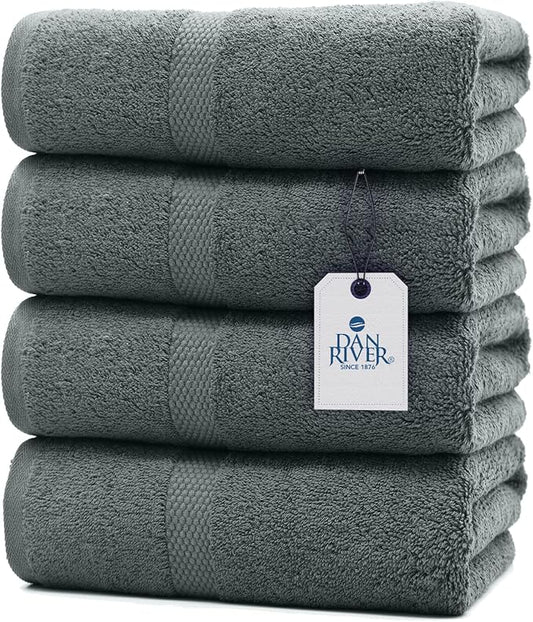 DAN RIVER Bath Towels Set of 4, 27 x 54 Inches, 100% Cotton, Larger & Lighter Weight, Quicker to Dry, Super Soft and Absorbent, Ideal Gray Bath Towels for Daily Use