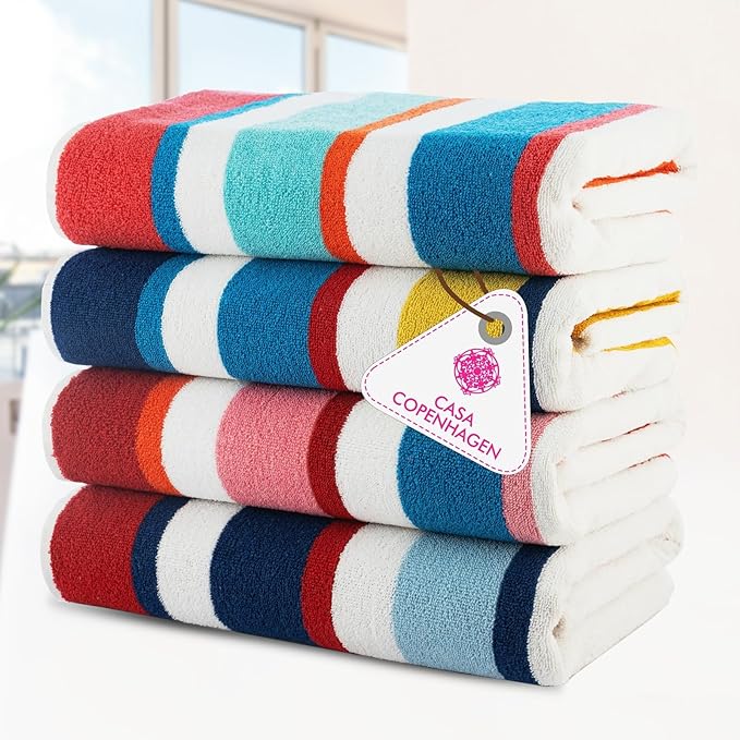 CASA COPENHAGEN Bora Bora Beach Towels Designed in Denmark Rough and Tough, Quick Dry, for Pool, Bath & Shower 30x60 inches 4 Pieces Cotton Beach Bath Towels Set - Pink, Red, Yellow, Turquoise