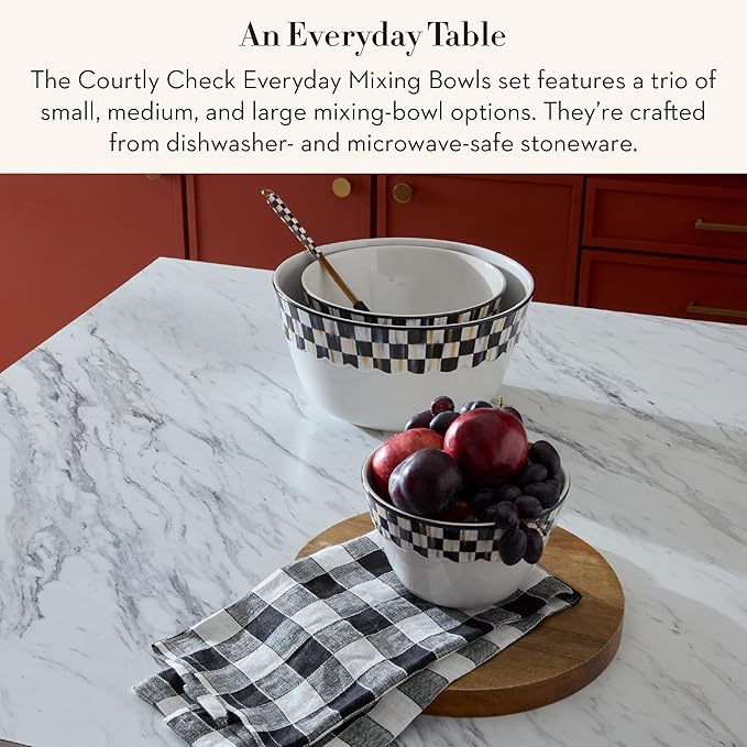 MACKENZIE-CHILDS Set of 3 Everyday Mixing Bowls, Small, Medium, and Large Stoneware Bowls for Kitchen Use, Black-and-White Courtly Check