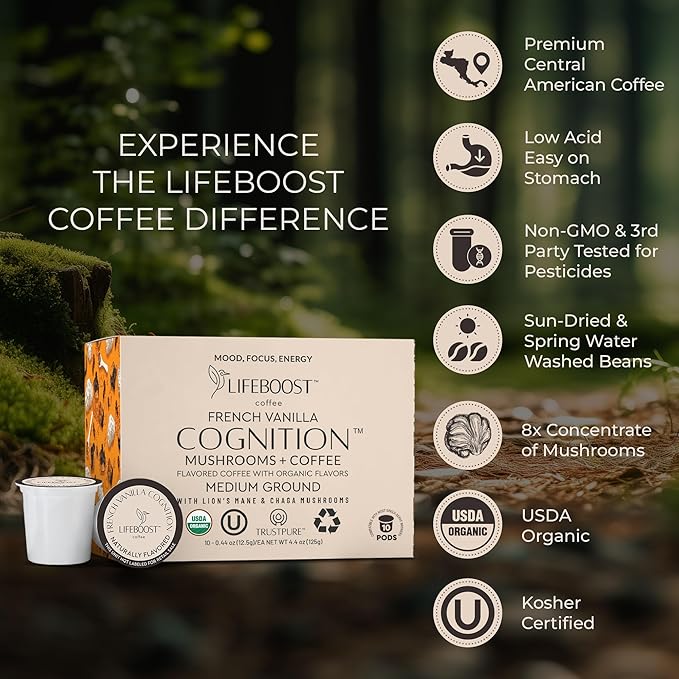 Lifeboost French Vanilla Cognition Mushroom Coffee Pods - Low Acid Organic K-Cups with Lion’s Mane & Chaga Nootropic Mushrooms for Focus, Energy & Immune Support - 10 Count