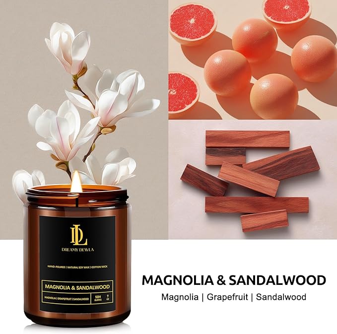 Magnolia & Sandalwood Scented Candles, Soy Candle for Home Scented, Candles Gift for Women Men, 7oz with 50 Hour Burn Time