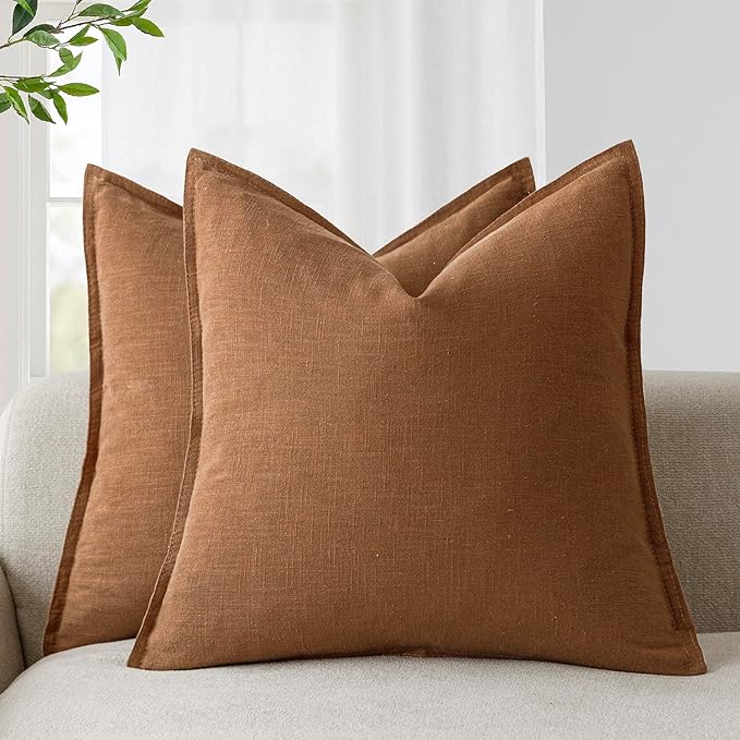 Foindtower Pack of 2, Decorative Linen Soild Throw Pillow Covers Soft Accent Cushion Case Boho Farmhouse Pillowcase for Chair Couch Sofa Bedroom Living Room Home Decor 24 x 24 Inch Orange Brown