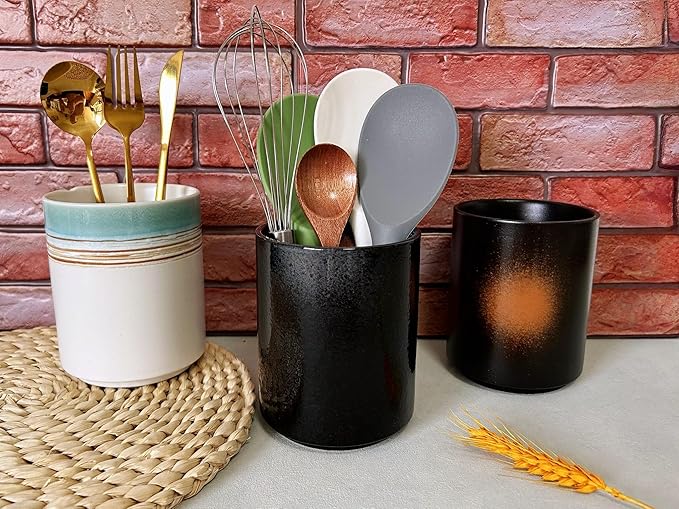 Medium Stoneware Kitchen Utensil Holder for Kitchen Counter Short Cooking Utensil Holder for Countertop Spatula Holder Small Utensil Crock Cutlery Holder Silverware Caddy Flower Vase (Retro Black)