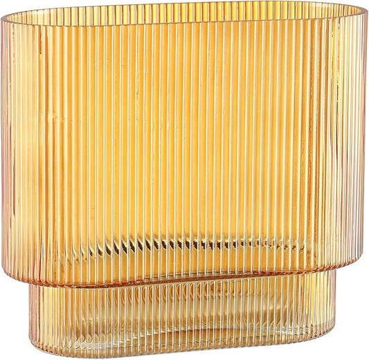 Ribbed Glass Vase, Amber Glass Vase, Fluted Short Vases for Flowers, Modern Vases for Living Room, Dining Room, Bathroom, Desk, Shelf, Wedding, Office, 7 Inches