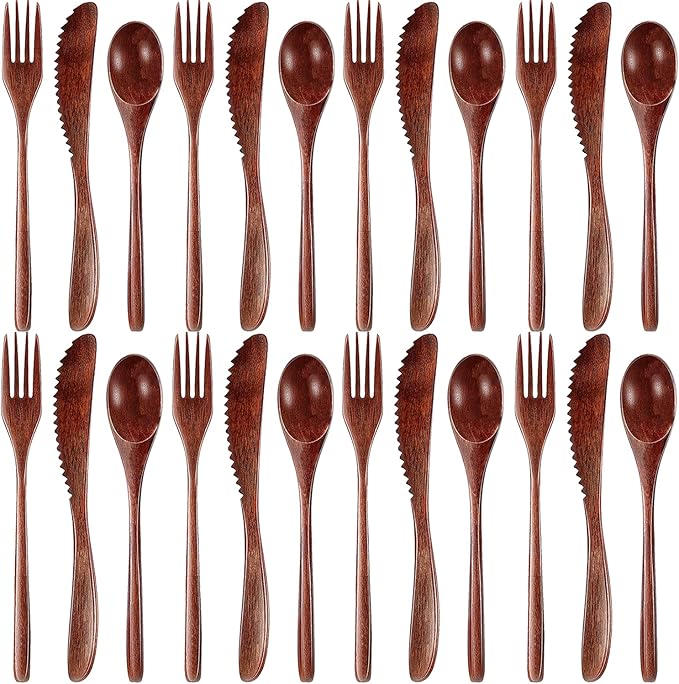 Wooden Utensils for Eating 24 Pcs Wooden Cutlery Set Reusable Cooking Travel Wooden Spoons Forks Lunch Utensils Silverware Set for Lunch Portable Wood Flatware Set for Eating