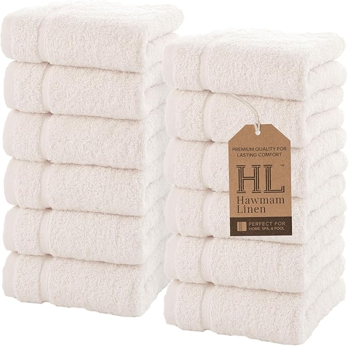 Hawmam Linen Luxury Cotton Washcloths 13x13 Inch - Large Hotel Spa Bathroom Face Towel | 12 Pack | Sea Salt
