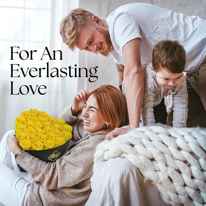 GLAMOUR BOUTIQUE 27 Flower Forever Heart Shape Box - Preserved Roses Gift for Her, Preserved Flowers, Yellow