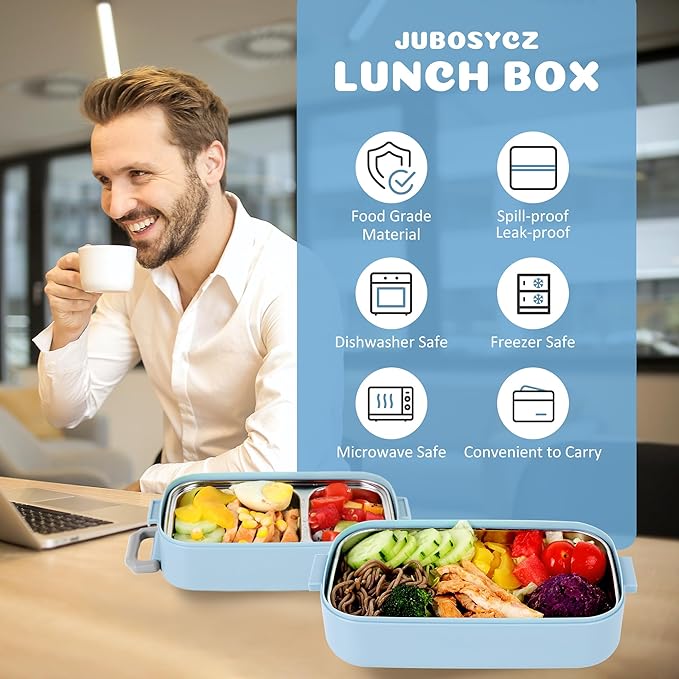 Bento Lunch Box for Kids Women Men, 47oz 2-Compartment Snack Salad Food Prep Pack Container for Lunch, Stainless Steel 2 Layers Stackable Lunch Containers for Adults and Teens Light Blue