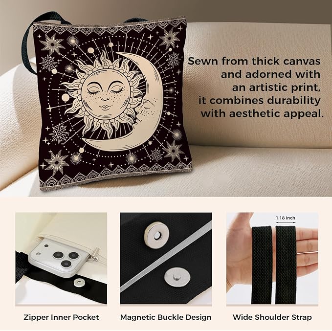 Cute Aesthetic Canvas Tote Bag for Women, Reusable Foldable Shopping Cotton Shoulder Totebag with Zipper Pocket