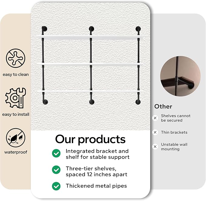 3-Tier Industrial Pipe Floating Shelf – Rustic 48 inch Wood Wall-Mounted Storage Shelf for Kitchen Office,Bathroom & Home Decor -White