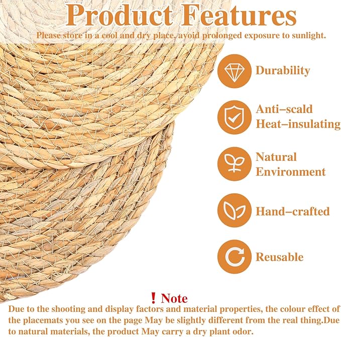 Set of 16 Round Woven Rattan Placemats, 12" Boho Farmhouse Table Mats Natural Cattail Charger Plates for Dining Table Decor Heat-Resistant Braided Place Mats