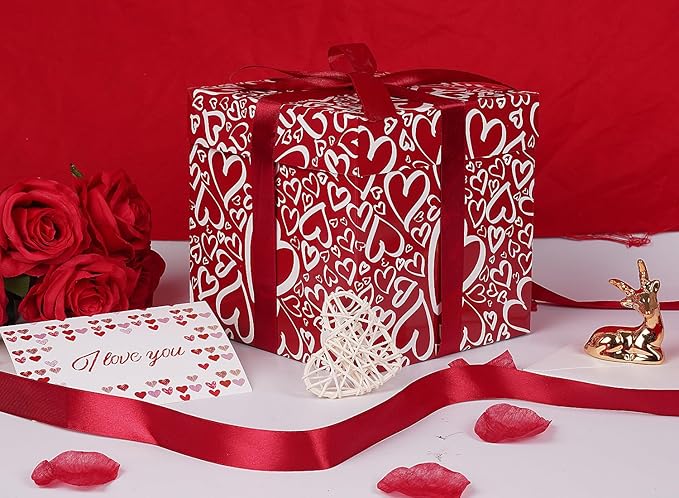 Jaywayang 5 Pack Red Valentine Gift Boxes with Lids, Ribbons and Tissue Papers Square Gift Boxes - 7.1 Inch - Christmas Presents Wrapping Valentine's Day Decoration Birthday Anniversary Party Favor Boxes.