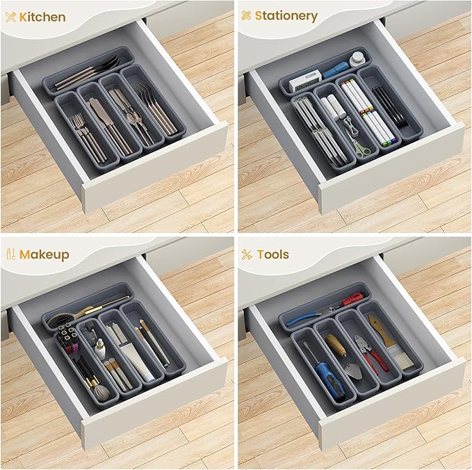 5 Pack Silicone Drawer Organizer for Kitchen, DIY Free Combination Silverware Organizer, Utensil Drawer Organizer, Moisture-proof and Heat-resistant up to 200°C, Anti-slip and Environmentally (Grey)
