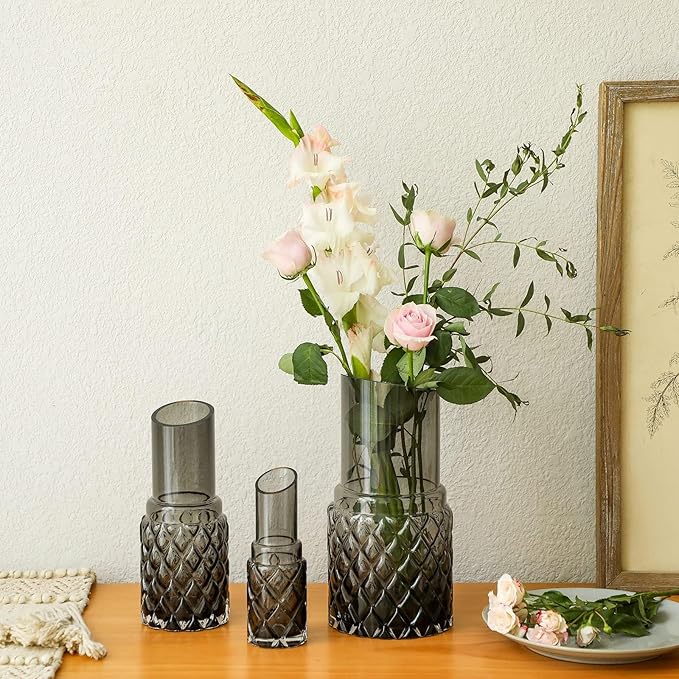 G Hand Blown Grey Glass Vases Set 3 Peiece for Large Medium Small for Modern Home Decor, Decorative Vase, Bedroom, Office, Living Room, Bathroom,Shelf Decor, Centerpiece Table Decorations