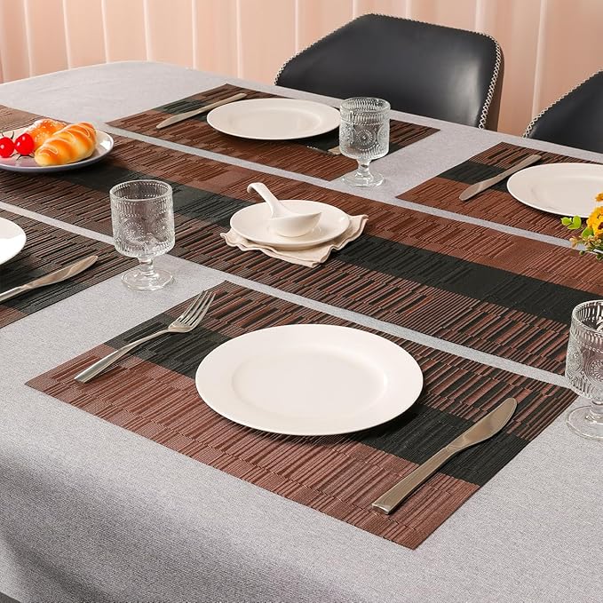 Placemats Set of 4, Vinyl Woven Place Mats Indoor Set of 4 Washable Wipeable PVC Table Mats Heat-Resistant Non Slip Plastic Placemat for Kitchen Dining Outdoor Table (Black Brown, Set of 4)