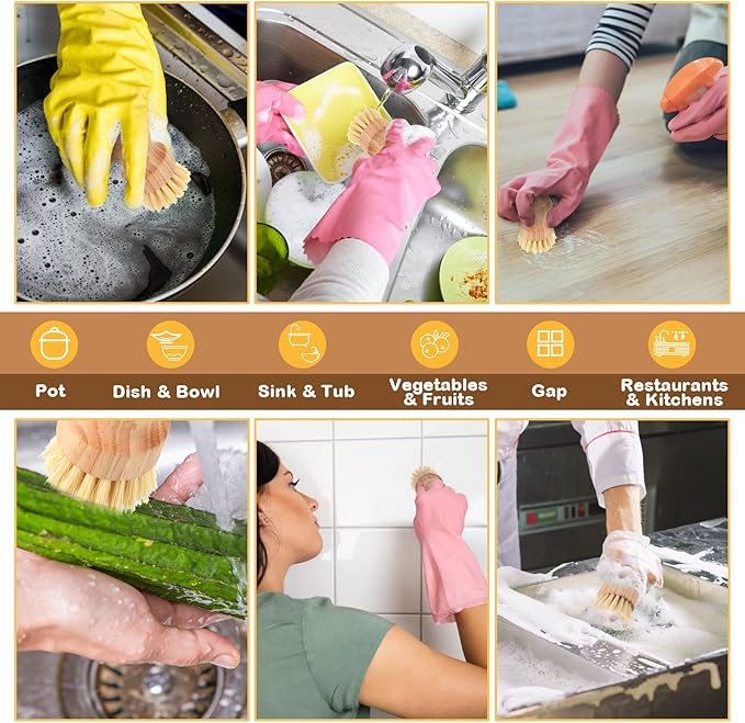 Nuenen 6 Packs Bamboo Dish Scrub Brushes Wooden Scrubbers Set Kitchen Dishwashing Scrubber with Natural Sisal Bristles for Iron Pot Pan Sink