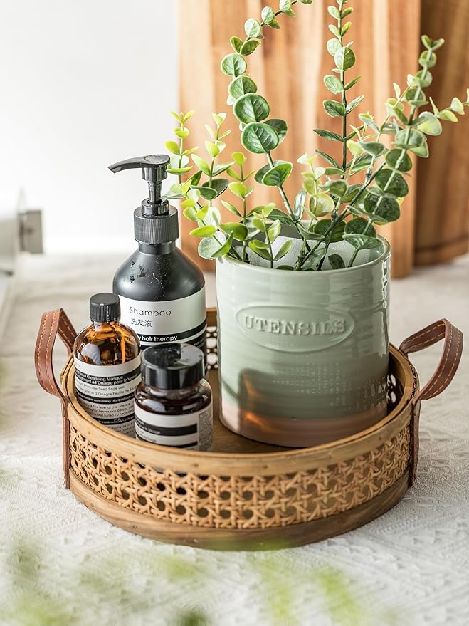 YHOSSEUN Kitchen Utensil Holder, 6.7"+5.1" Ceramic Utensil Holder for Kitchen Counter, Oval Cooking Utensil Crocks for Countertop, Utensil Storage Organizer Set of 2, Green