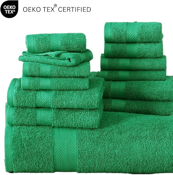 LANE LINEN 100% Mercerized Cotton Bathroom Towels Set - 24 Pc - Ringspun, Quick Dry, Soft & Absorbent - 2 Bath Sheets, 4 Bath Towels, 6 Hand Towels, 8 Washcloths, 4 Fingertip - Family Pack - Emerald