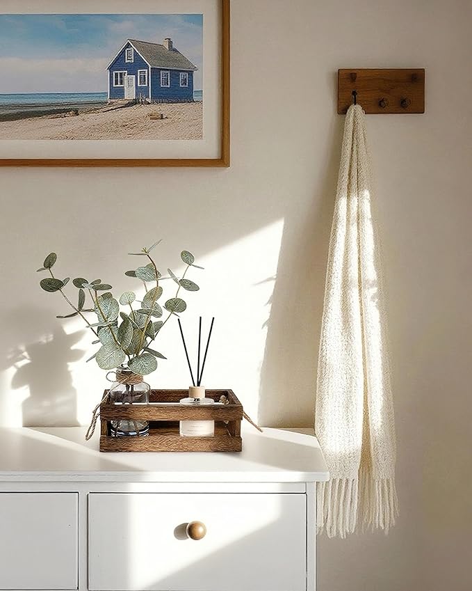 Artificial Eucalyptus Stems in Glass Vase with Faux Water,Combined with Wood Tray Centerpiece Table Decoration,13" Fake Plant with Double-Sided Leaves for Home Decor