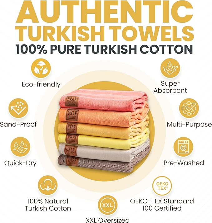 Gold CASE LYCIA Turkish Beach Towel Set of 6 – 100% Cotton Turkish Beach Towels Bulk 70 x 38'' – LYCIA Oversized, Quick Dry & Sand Free Beach Towel – Lightweight Towels Set in Tones of Yellow