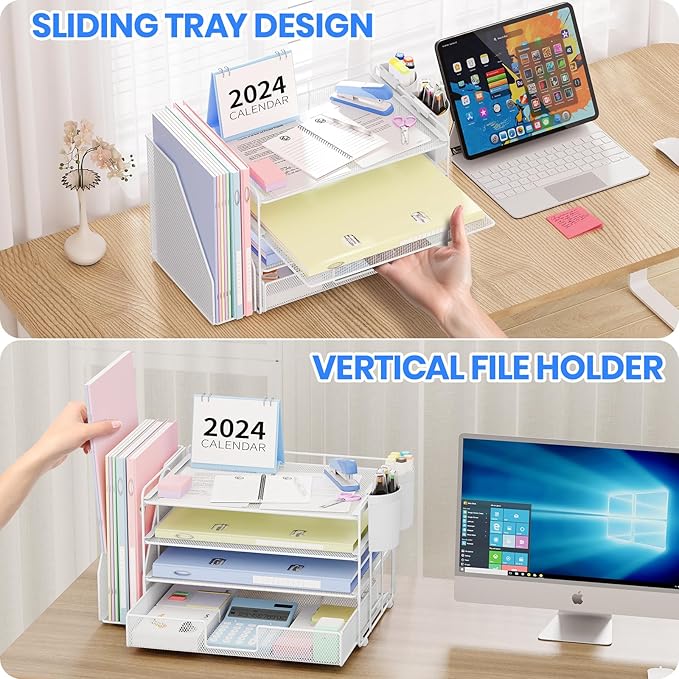 OPNICE Desk Organizer and Accessories, 4-Tier Desktop File Organizer with Drawer and 2 Pen Holders, Office Desk Accessories, File Sorters, Workspace Organizers for Office Supplies(White)