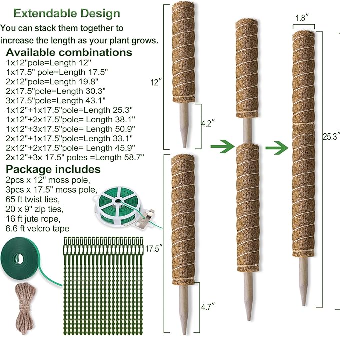 Moss Pole 58.7 Inch - Monstera Plant Support 5 Pack, 17.5" and 12" Plant Stakes for Indoor Plants Coco Coir Moss Pole Sticks for Climbing Potted Live Plants, Pothos, Philodendron