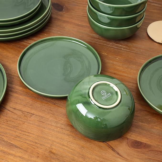 Vicrays Ceramic 12 Pieces Dinnerware Set - Dinner Plates Salad Plates Cereal Bowls Set Service for 4 - Scratch Resistant Microwave Oven Dishwasher Safe - Green