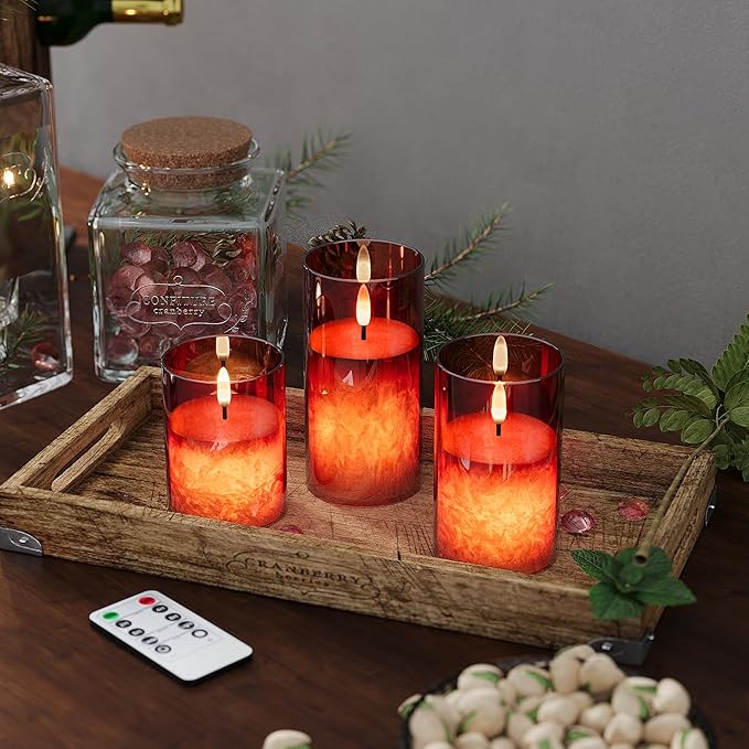 Ice Crystal Real Wax Glass Flameless Candles with Remote & Timer, Battery Operated Candles with Warm Flickering Flame, Realistic LED Candle for Wedding Home Decor [D3×H4/5"/6"] Red, 3Pack