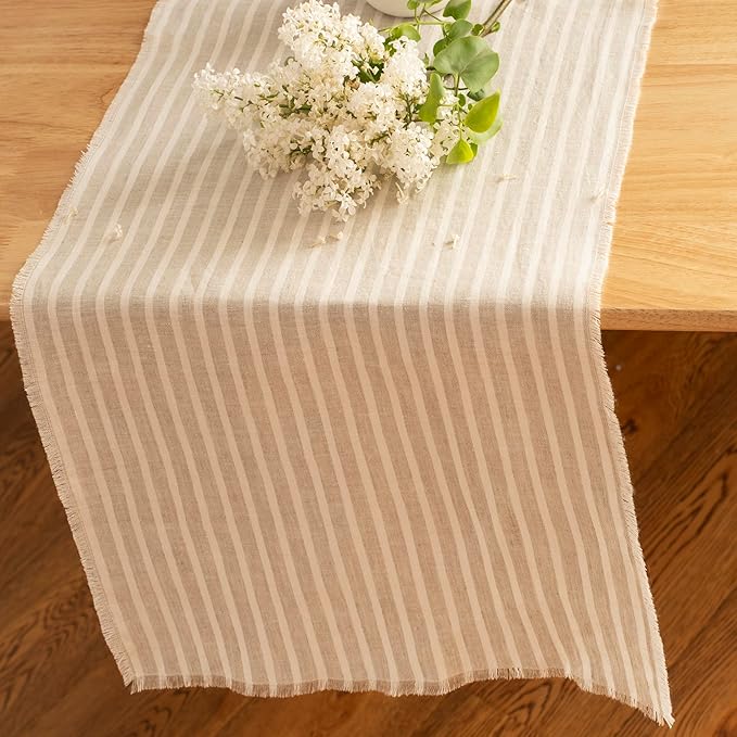 Stripe Linen Table Runner with Fringe- 14x108 Inch, 100% Pure Linen Natural and White Table Runner for Wedding, Party, Easter, Thanksgiving, Easter, Summer, Wedding- Handmade