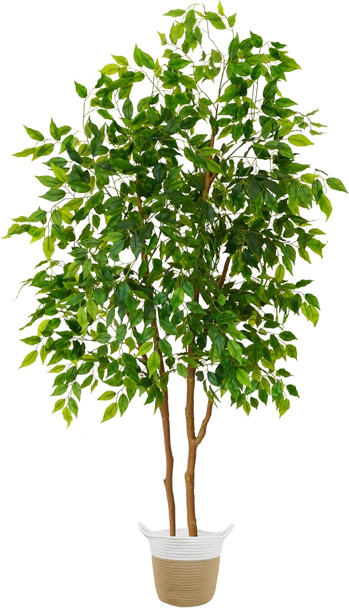 Artificial Ficus Tree, 6ft Tall Fake Ficus Tree with Basket, Faux Plant for Indoor Outdoor Home Livingroom Office Garden Porch Décor