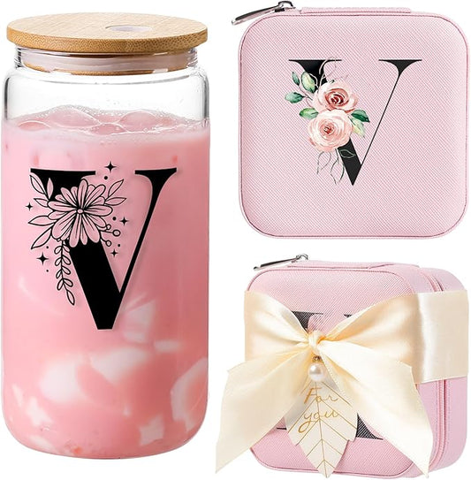 AYGXU Initial glass cups with lids and straws,Small Jewelry Box for Girls,Small Jewelry Organizer Box,Cute Tumbler Cup,Travel Gifts for Women,Travel Essentials, Initial V pink