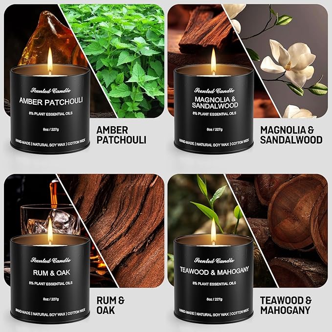 Scented Candle Gift Sets | Men's Gift Aromatherapy Candles | 4 Pack(32oz) Matte Black Tin Jar Long Burn Candle Sets for Men | Men Soy Wax Candle Gifts of Christmas,Boyfriend and Father's Day
