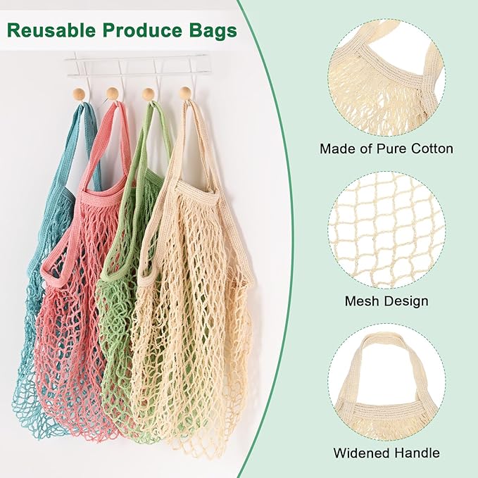 1-Pack Cotton Mesh Bag, Reusable Washable Mesh Net String Grocery Bags, Reusable Produce Bags with Handle, Net Tote Bag for Fruits/Vegetables Shopping [Cream, Short Handle]