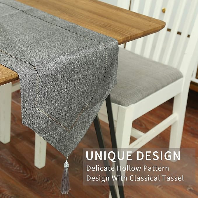 Tosewever Decorative Linen Table Runner with Tassels Tabletop Collection 14 x 72 Inches Table Runners for Everyday Dining Wedding Party Holiday Home Decor (14" x 72", Grey)