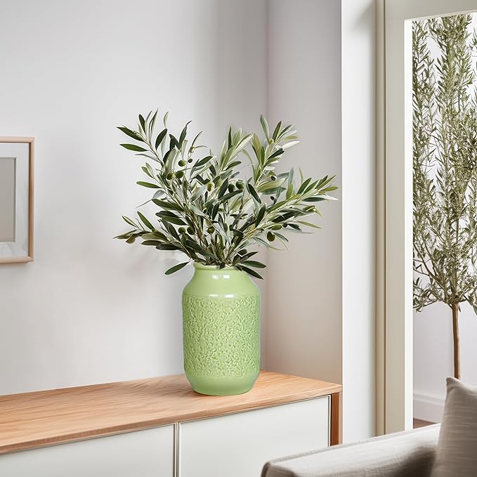 Green Ceramic Vase for Flowers, 9 inch Decorative Vase for Pampas Grass, Modern Texture Vases for Home Decor, Table Shelf Living Room Kitchen Living Room Decor