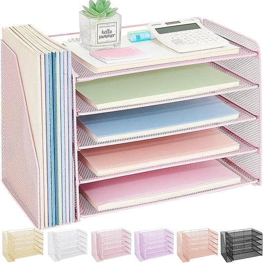 OPNICE 5-Tier Paper Organizer with Magazine Holder, Desk Organizers and Accessories, Office Desk Accessories & Workspace Organizers, Desktop File Organizer for Office Supplies Storage, Pink