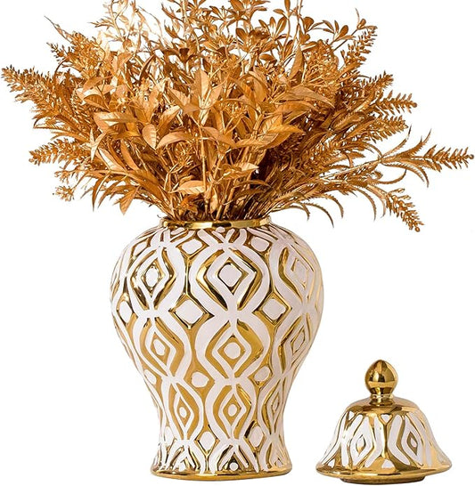 White and Gold Vase with Lid, Ginger Jars for Home Decor, Ceramic Flower Vase for Home, Kitchen, Bookshelf Decor, Storage jar, Table Center Vase, Centerpieces Jarrones(11in)
