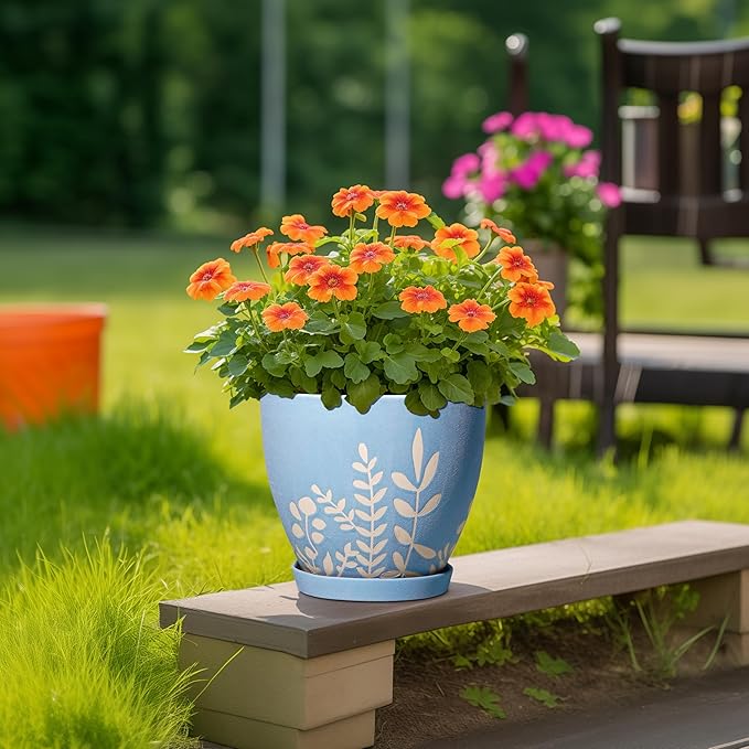 8 Inch Ceramic Plant Pot with Drainage and Saucer - Round Flower Pot for Indoor Outdoor Plants, Round Planter, Desk Office Room Home Decor, Gifts for Plant Lovers, Blue