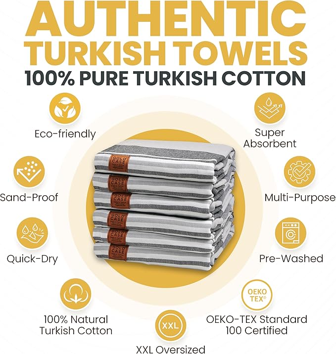 Gold CASE Turkish Beach Towel Set of 6 – 100% Cotton Large Turkish Bath Towels 70 x 38'' – OLYMPOS Oversized, Quick Dry & Sand Free Beach Towel – Lightweight Towels Set - Black