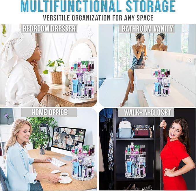 ZHIAI 360 Rotating Makeup Organizer, Large Capacity Cosmetics Organizer for Perfume Holder Organizer Countertop, DIY Adjustable Bathroom Makeup Carousel Holder Rack, Clear Diamond